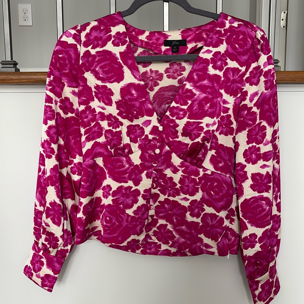 J crew pink and off white silky v neck blouse